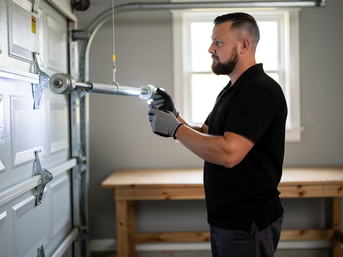A technician in gloves holds a torsion spring next to a white garage door.