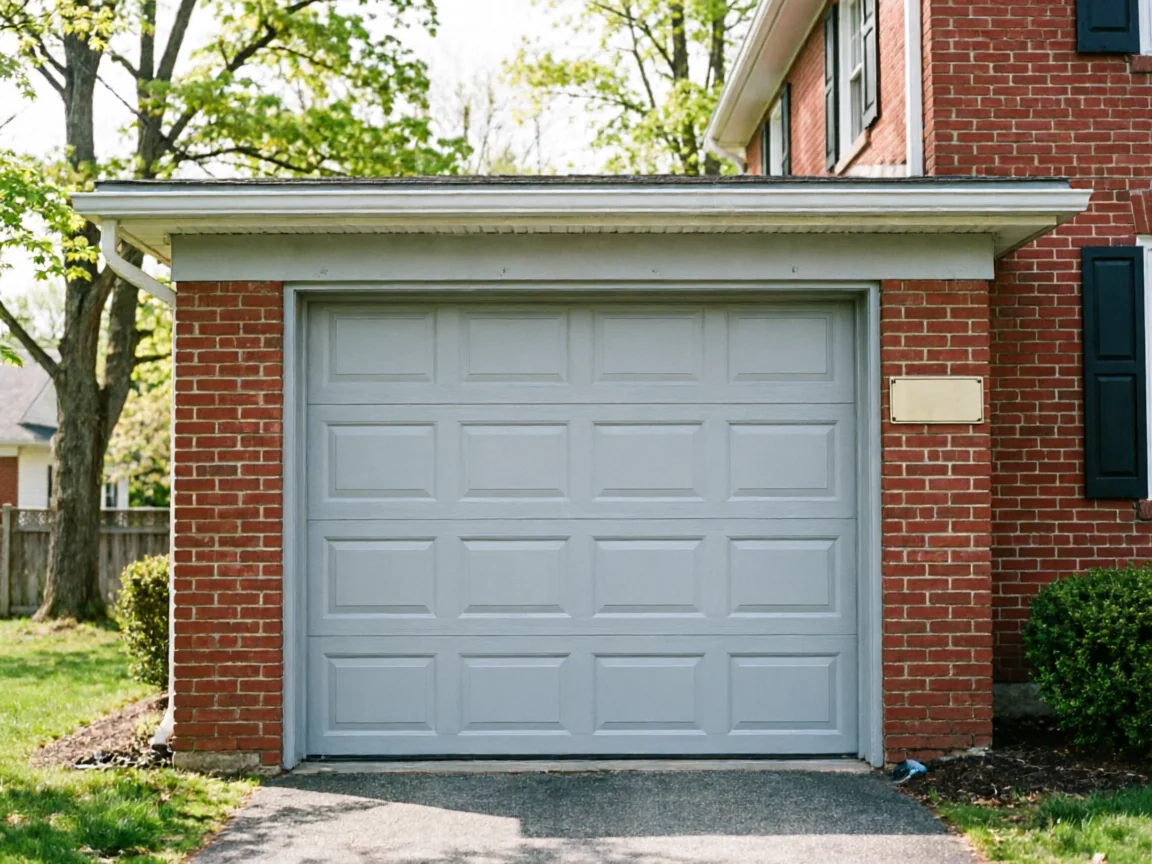 A light gray garage door is set into a red brick house.
