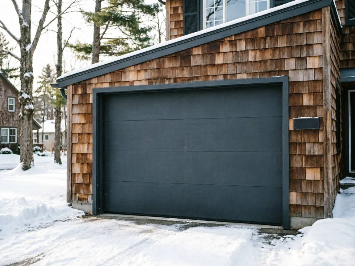 A dark gray garage door is on a house with wood shingle siding in the snow.