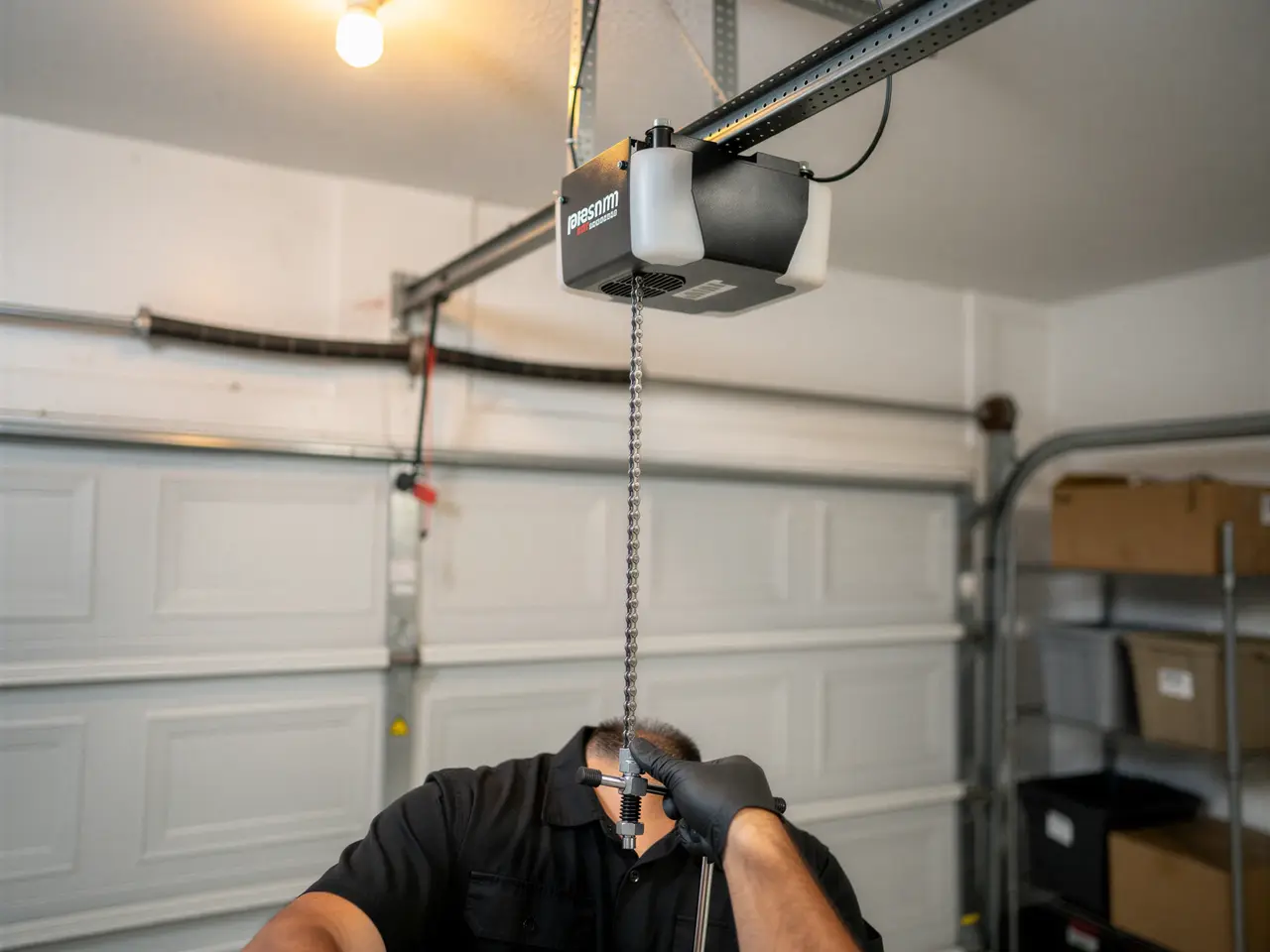 A technician in black gloves works on a garage door opener chain.
